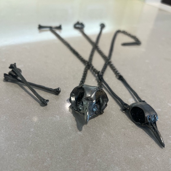 Black Bird Skull Necklace and Bone Earrings Set - Picture 2 of 11